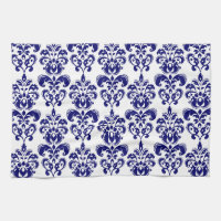 Navy Blue, White Vintage Damask Pattern 2