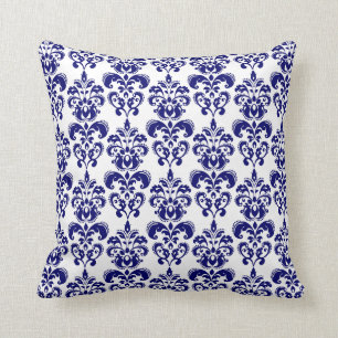 Navy Blue, White Vintage Damask Pattern 2 Throw Pillow