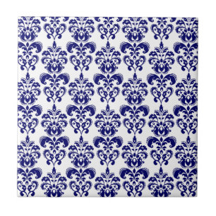 Navy Blue, White Vintage Damask Pattern 2 Tile