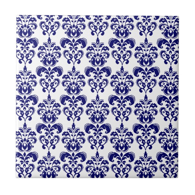 Navy Blue, White Vintage Damask Pattern 2 Tile (Front)