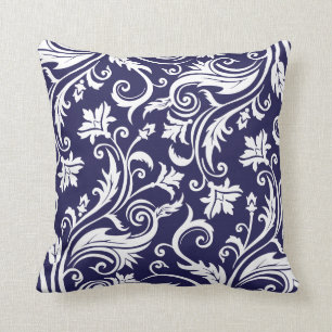 Navy Blue White Vintage Damask Pattern Throw Pillow