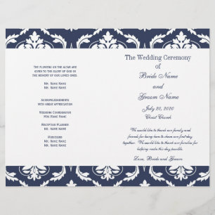 Navy Blue White Vintage Damask Wedding Program