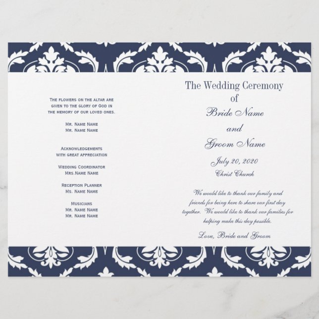 Navy Blue White Vintage Damask Wedding Program (Front)