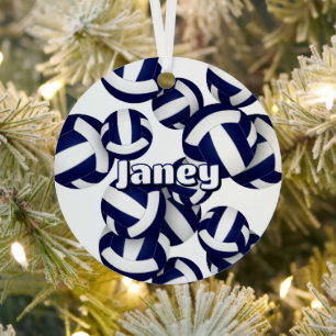 navy blue white volleyballs athlete name keepsake metal ornament