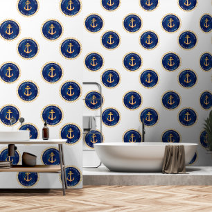 Navy Blue White w/ Yellow Boat Anchor Monogram Wallpaper