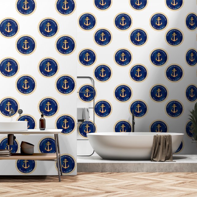 Navy Blue White w/ Yellow Boat Anchor Monogram Wallpaper (Bathroom)