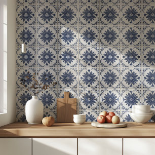 Navy Blue White Watercolor Azulejo Mediterranean Tile