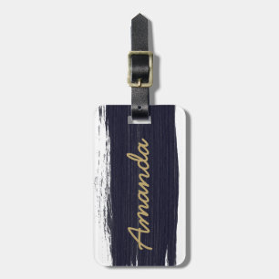 Navy blue white watercolor brushstrokes monogram luggage tag