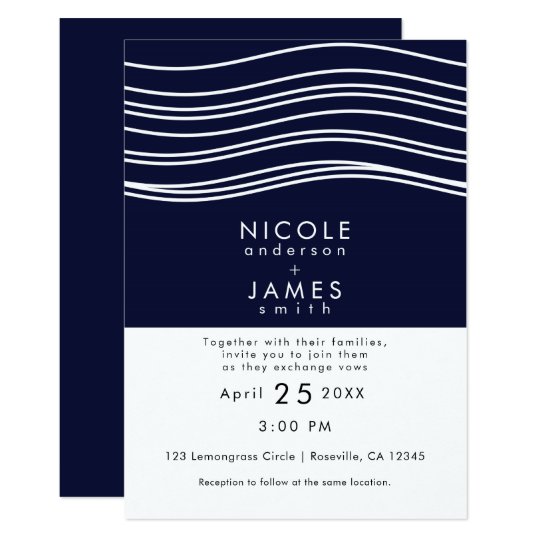 Navy Blue & White Wave Modern Wedding Card