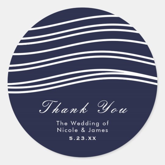 Navy Blue & White Wave Modern Wedding Classic Round Sticker