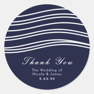 Navy Blue & White Wave Modern Wedding Classic Round Sticker