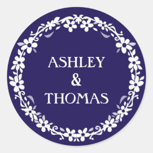 Navy Blue & White Wedding Circle Floral Name Round Classic Round Sticker
