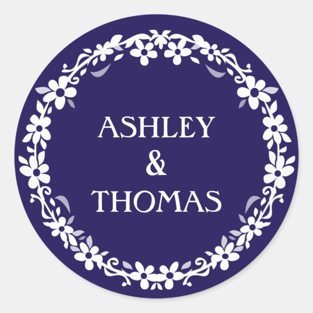 Navy Blue & White Wedding Circle Floral Name Round Classic Round Sticker (Front)