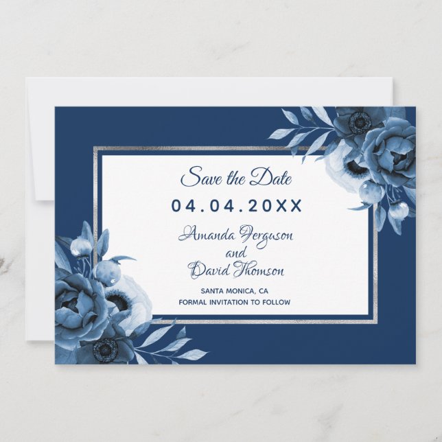 Navy blue white wedding floral Save the Date Announcement (Front)