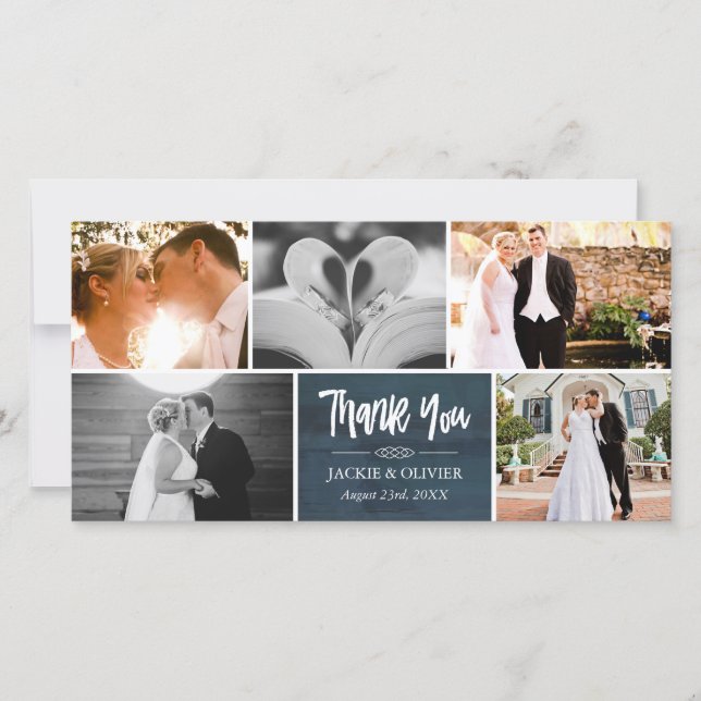 Navy Blue & White Wedding Photo Collage Thank You (Front)