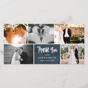 Navy Blue & White Wedding Photo Collage Thank You Card