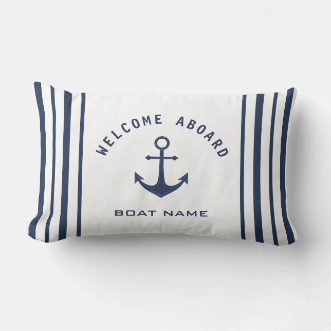 Navy Blue White Welcome Aboard Boat Name Anchor Lumbar Pillow (Front)