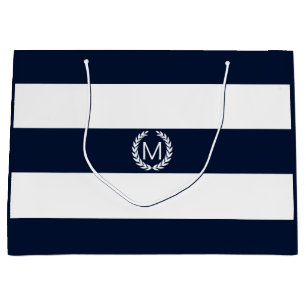 Navy Blue & White Wide Stripe with Monogram Large Gift Bag