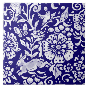  Navy Blue White Woodland MURAL Rabbit Bottom L  Tile