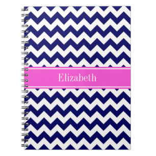 Navy Blue Wht Chevron Hot Pink Name Monogram Notebook