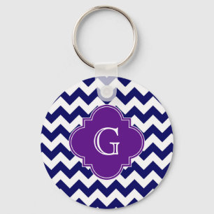 Navy Blue Wht Chevron Purple Quatrefoil Monogram Keychain