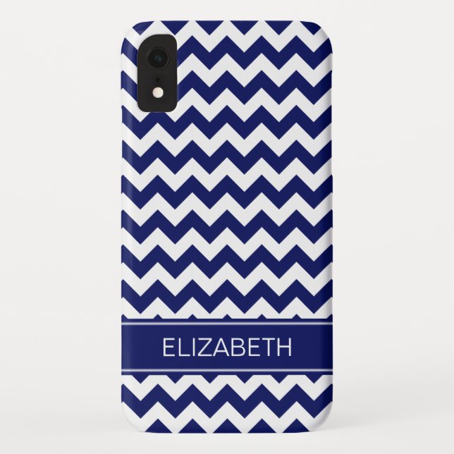 Navy Blue Wht Chevron Zigzag 7P Navy Name Monogram Case-Mate iPhone Case (Back)