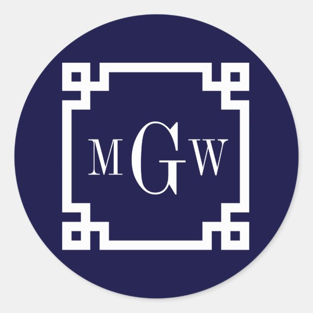 Navy Blue Wht Greek Key #2 Framed 3 Init Monogram Classic Round Sticker (Front)