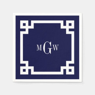 Navy Blue Wht Greek Key #2 Framed 3 Init Monogram Napkin