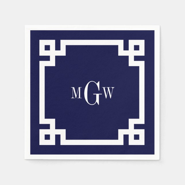 Navy Blue Wht Greek Key #2 Framed 3 Init Monogram Napkin (Front)