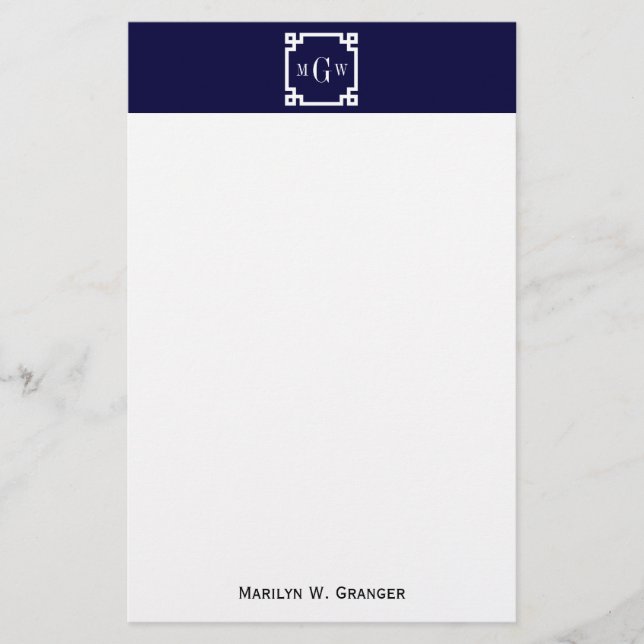 Navy Blue Wht Greek Key #2 Framed 3 Init Monogram Stationery (Front)