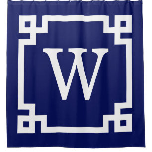 Navy Blue Wht Greek Key #2 Framed Initial Monogram