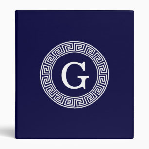Navy Blue Wht Greek Key Rnd Frame Initial Monogram Binder