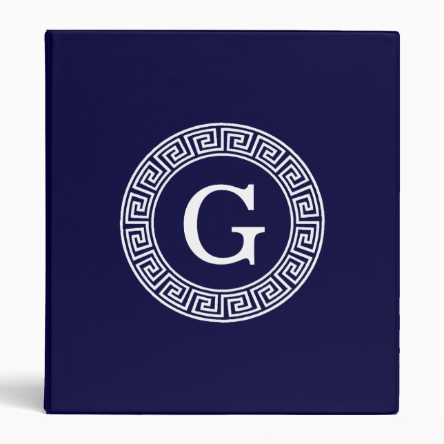Navy Blue Wht Greek Key Rnd Frame Initial Monogram Binder (Front)