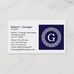 Navy Blue Wht Greek Key Rnd Frame Initial Monogram Business Card