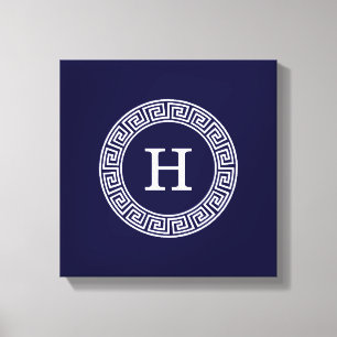 Navy Blue Wht Greek Key Rnd Frame Initial Monogram Canvas Print