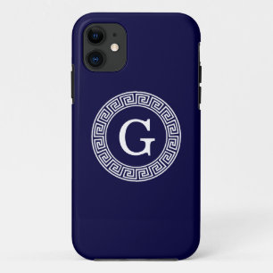 Navy Blue Wht Greek Key Rnd Frame Initial Monogram iPhone 11 Case