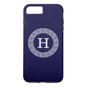 Navy Blue Wht Greek Key Rnd Frame Initial Monogram Case-Mate iPhone Case
