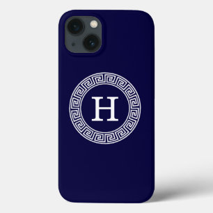 Navy Blue Wht Greek Key Rnd Frame Initial Monogram iPhone 13 Case