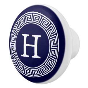 Navy Blue Wht Greek Key Rnd Frame Initial Monogram Ceramic Knob