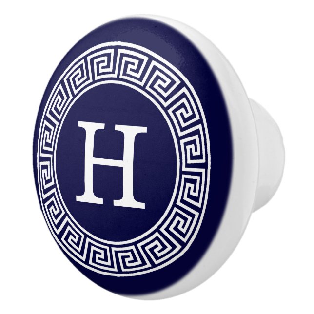Navy Blue Wht Greek Key Rnd Frame Initial Monogram Ceramic Knob (Right)