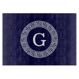Navy Blue Wht Greek Key Rnd Frame Initial Monogram Cutting Board
