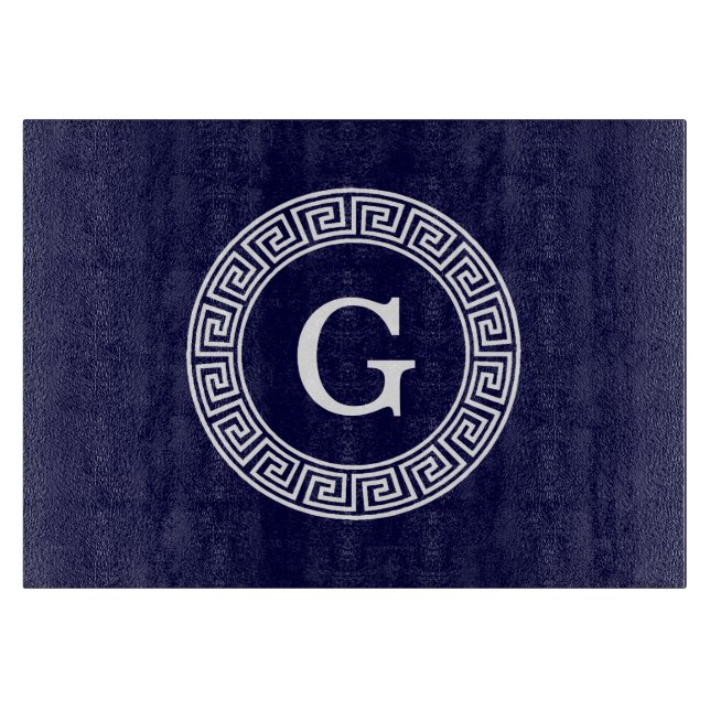 Navy Blue Wht Greek Key Rnd Frame Initial Monogram Cutting Board (Front)