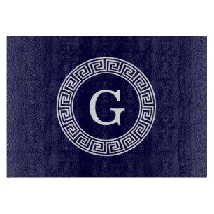 Navy Blue Wht Greek Key Rnd Frame Initial Monogram Cutting Board