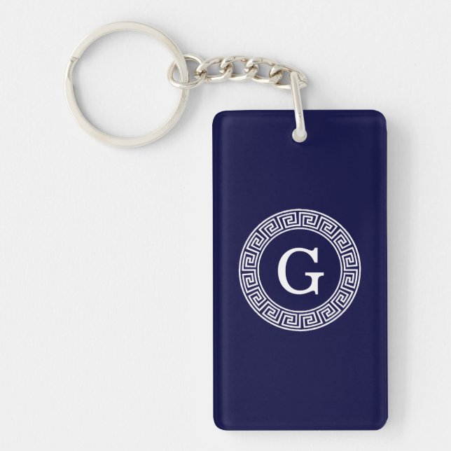 Navy Blue Wht Greek Key Rnd Frame Initial Monogram Keychain (Front)