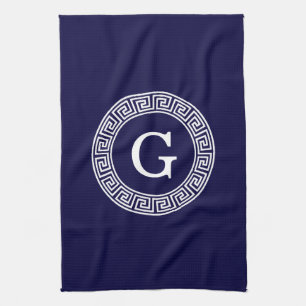 Navy Blue Wht Greek Key Rnd Frame Initial Monogram Kitchen Towel