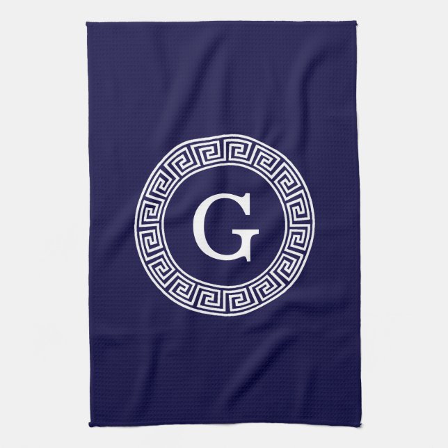 Navy Blue Wht Greek Key Rnd Frame Initial Monogram Kitchen Towel (Vertical)