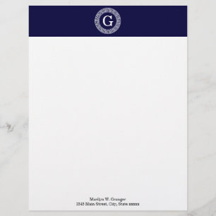 Navy Blue Wht Greek Key Rnd Frame Initial Monogram Letterhead