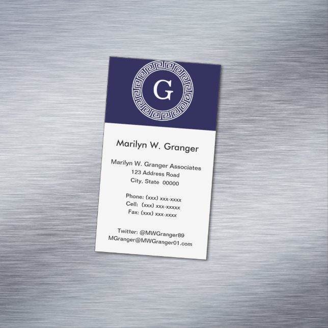Navy Blue Wht Greek Key Rnd Frame Initial Monogram Magnetic Business Card (In Situ)