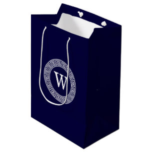 Navy Blue Wht Greek Key Rnd Frame Initial Monogram Medium Gift Bag