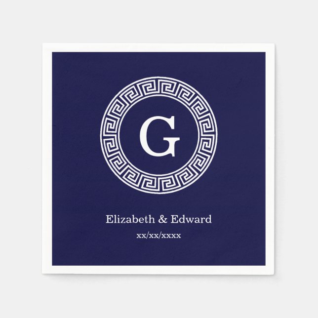 Navy Blue Wht Greek Key Rnd Frame Initial Monogram Napkin (Front)